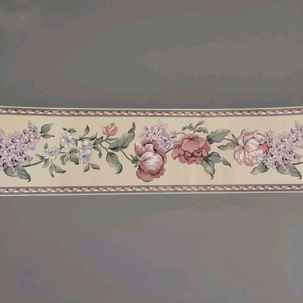 Pink Rose Lilac Flower Floral Leaf Country Wallpaper Border - Beige 5.5 yds